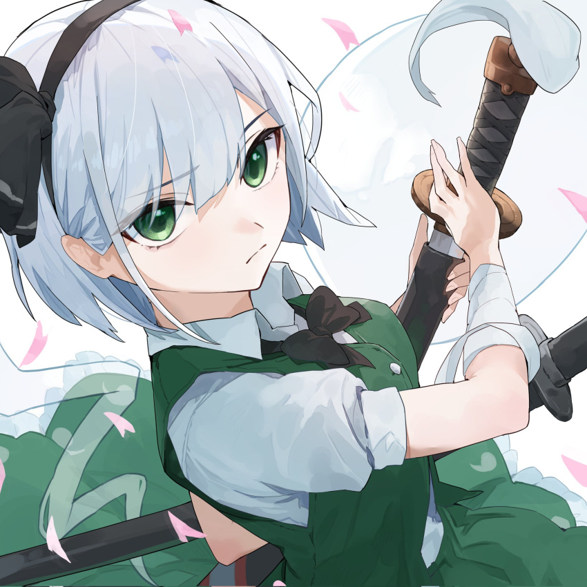 1girl, black_bow, black_bowtie, black_hairband, bow, bowtie, cherry_blossoms, closed_mouth