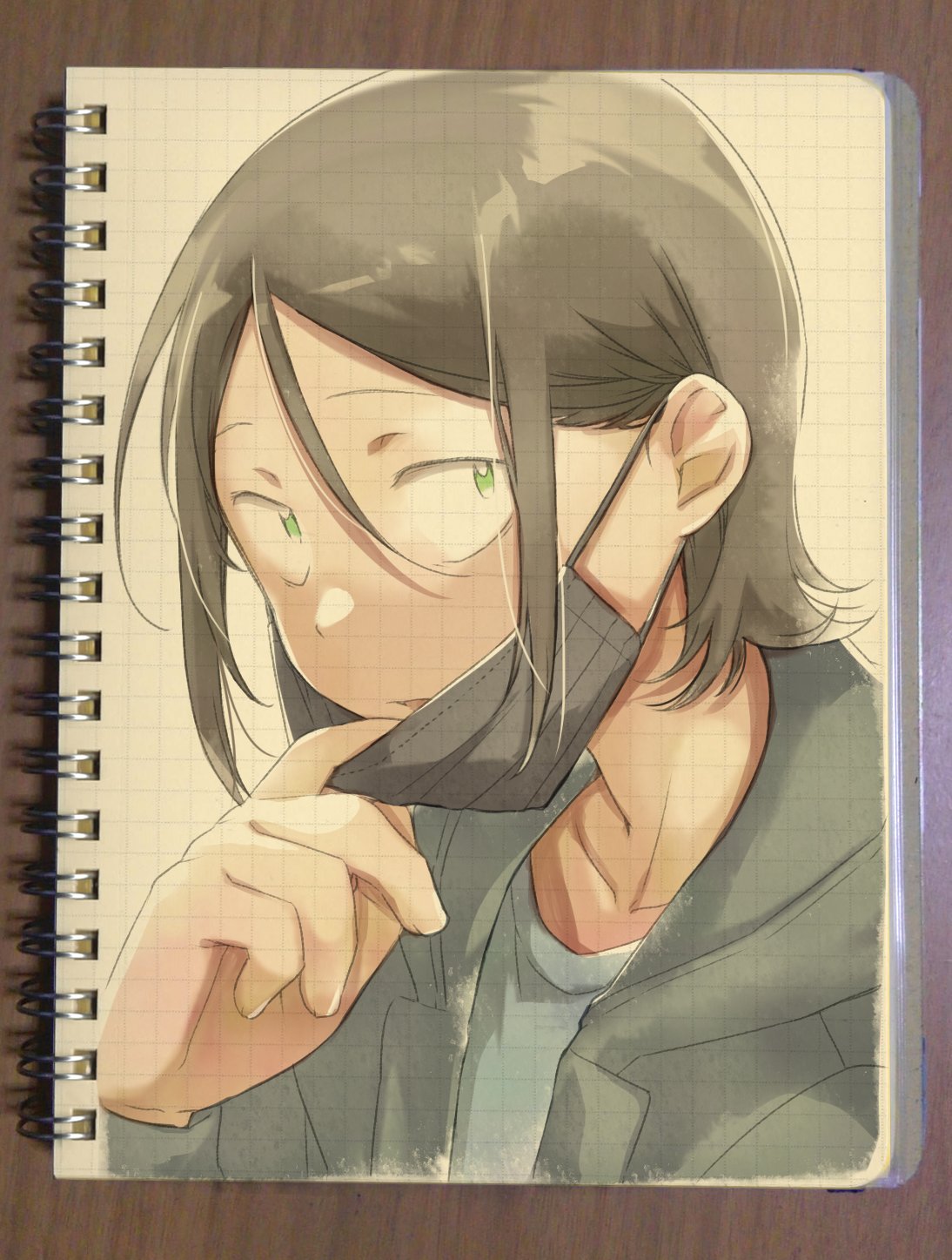 1boy, adjusting_mask, black_hair, black_mask, green_eyes, hekicha, highres, kabe_taijin