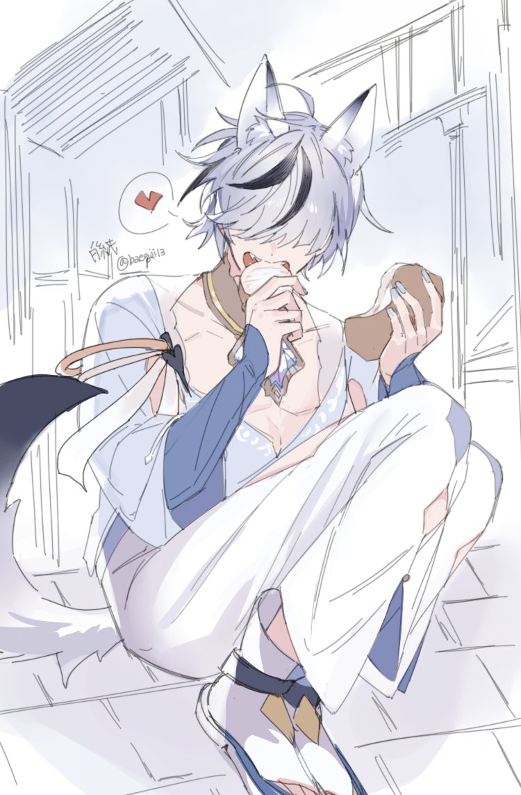 1boy, baegji13, black_hair, blade_(nu_carnival), gem, male_focus, multicolored_hair, nu_carnival
