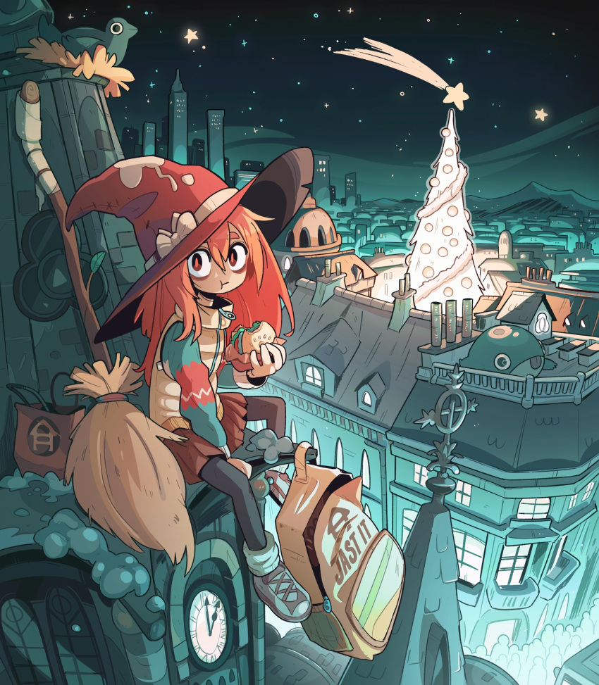 1girl, bird, boots, broom, broom_riding, building, car, carles_dalmau, city, city_lights, cityscape, clock, clock_tower, food, halloween, hat, highres, long_hair, motor_vehicle, night, night_sky, redhead, shooting_star, sky, skyline, snowing, star_(sky), starry_sky, tower, witch, witch_hat
