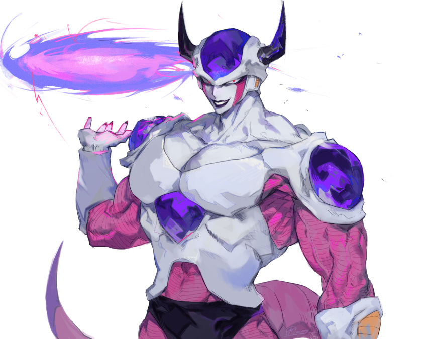 1boy, akame_(chokydaum), black_lips, black_nails, collarbone, dragon_ball, dragon_ball_z, energy_disk, evil_smile, fingernails, frieza, highres, horns, large_pectorals, looking_at_viewer, muscular, muscular_male, open_mouth, pectorals, red_eyes, sharp_fingernails, simple_background, smile, solo, tail, white_background