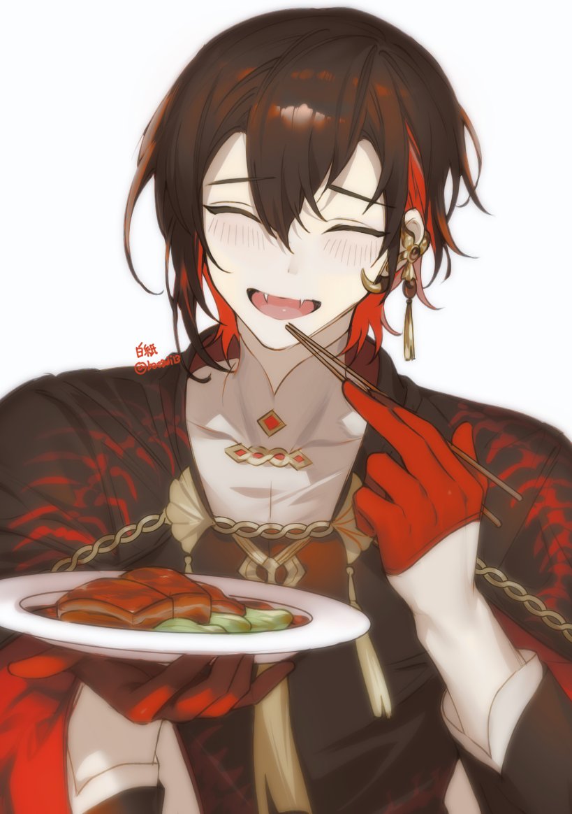 1boy, baegji13, blush, brown_hair, chopsticks, ear_piercing, food, holding, holding_chopsticks, long_sleeves, male_focus, multicolored_hair, nu_carnival, outstretched_arm, piercing, short_hair, smile, solo, yakumo_(nu_carnival)