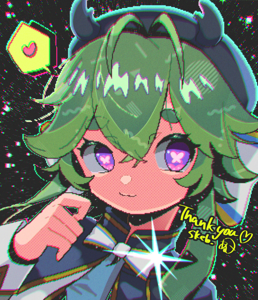 1girl, :3, black_headwear, blurry, blurry_background, bow, bowtie, butterfly_in_eye, collared_shirt, green_hair, hair_between_eyes, hand_up, hat, heart, highres, horns, looking_to_the_side, maiandkoh, night, night_sky, original, pixel_art, shirt, sky, speech_bubble, star_(sky), vhs_artifacts, violet_eyes, white_bow