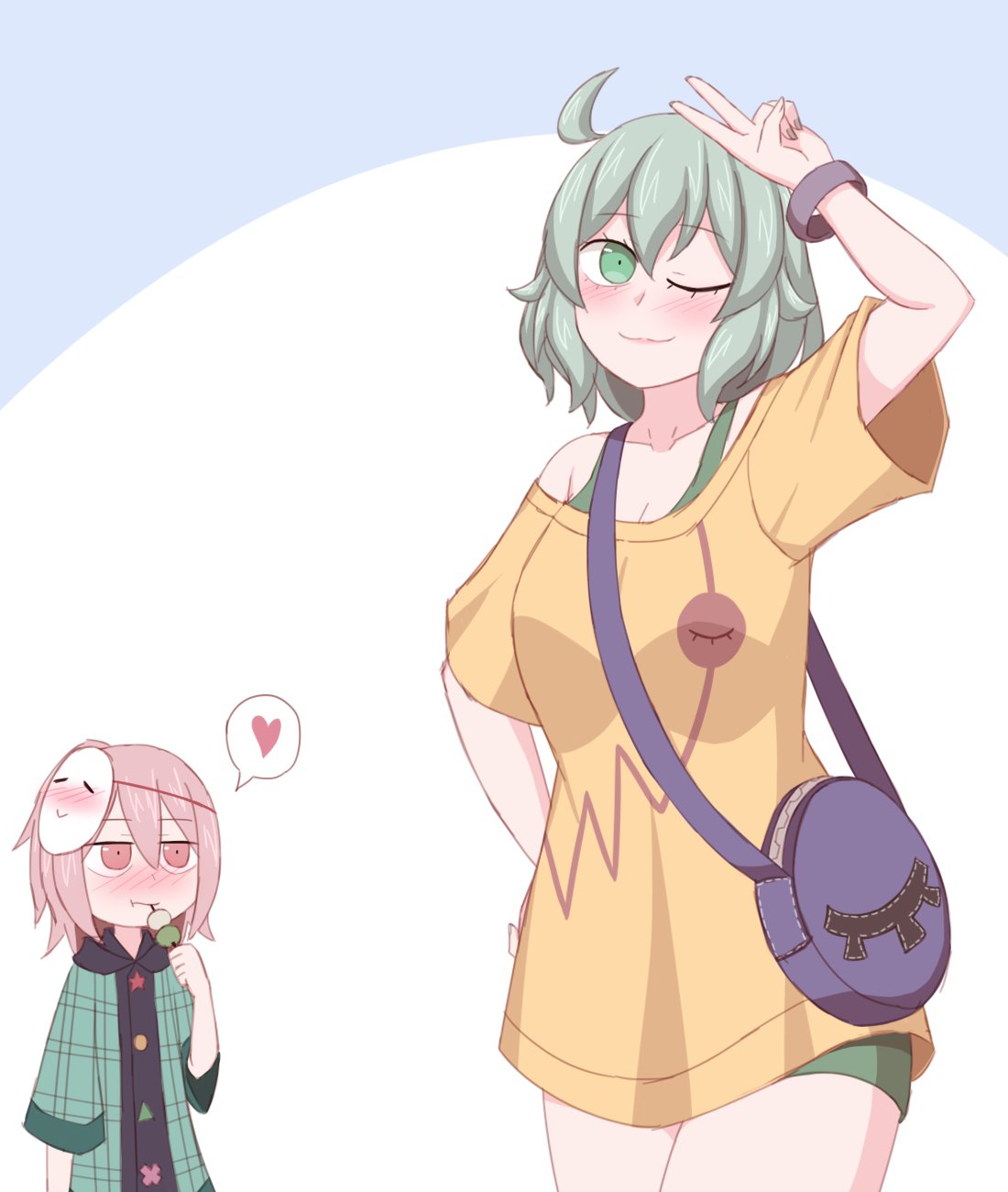 2girls, bag, copyright_request, green_eyes, green_hair, green_shorts, handbag, hata_no_kokoro