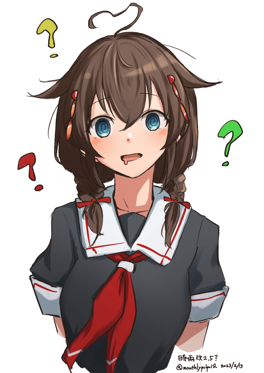 1girl, @_@, absurdres, ahoge, black_serafuku, blue_eyes, braid, brown_hair