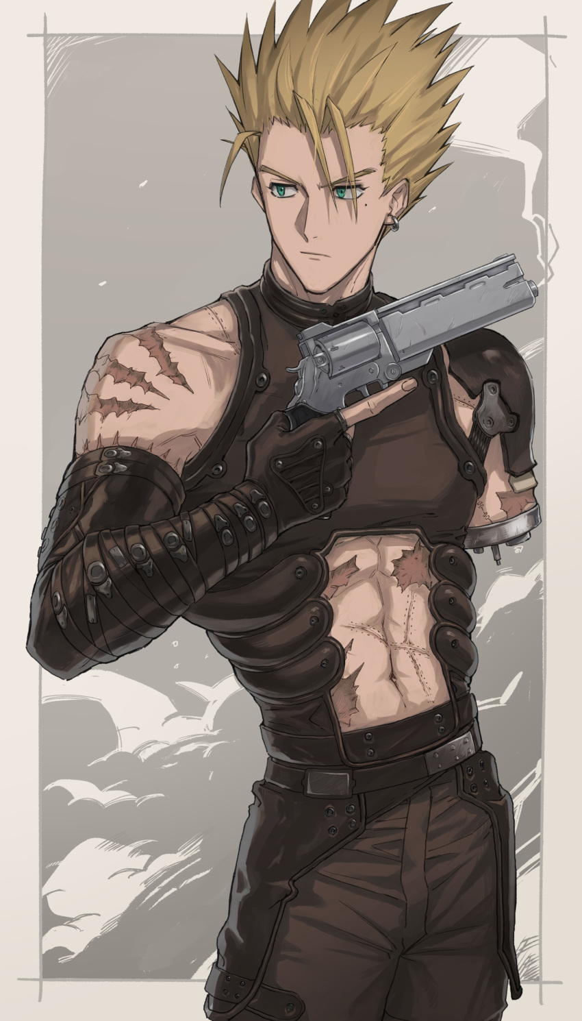 1boy, @acchom_zatta, abs, absurdres, amputee, black_gloves, blonde_hair, closed_mouth