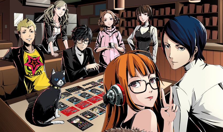 3boys, 4girls, :p, ahoge, amamiya_ren, animal, aqua_eyes, behind-the-head_headphones, black_eyes, black_hair, blonde_hair, blue_eyes, blue_hair, blunt_bangs, booth_seating, breasts, brown_eyes, brown_hair, cafe, card, cat, closed_mouth, coffee_cup, cup, disposable_cup, glasses, grin, headphones, highres, holding, holding_cup, indoors, kitagawa_yuusuke, long_hair, looking_at_viewer, morgana_(persona_5), multiple_boys, multiple_girls, niijima_makoto, okumura_haru, orange_hair, parted_lips, persona, persona_5, pink_sweater, red_eyes, sakamoto_ryuuji, sakura_futaba, school_uniform, second-party_source, shelf, shirt, short_hair, shuujin_academy_school_uniform, sitting, smile, spiky_hair, standing, sthreep, sweater, table, takamaki_anne, tongue, tongue_out, turtleneck, turtleneck_sweater, twintails, v, violet_eyes, yellow_shirt