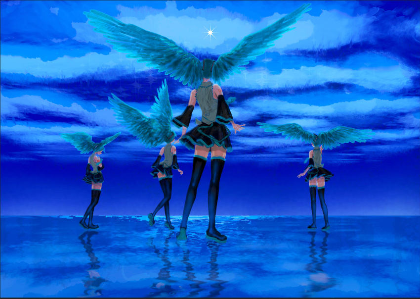 4girls, alternate_hairstyle, blue_hair, blue_sky, blue_theme, boots, clone, detached_sleeves