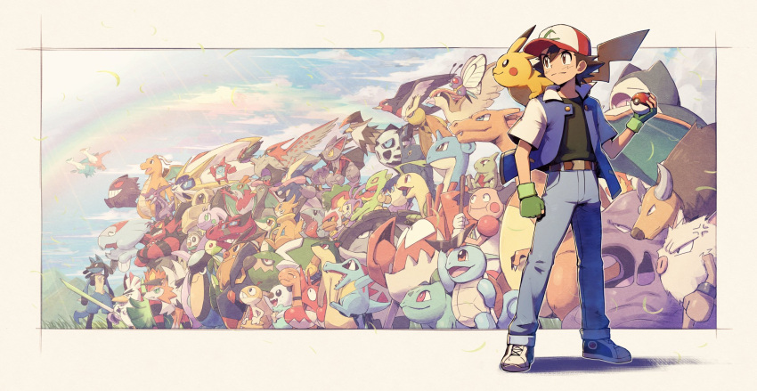 1boy, ambipom, ash_ketchum, baseball_cap, bayleef, black_eyes, black_hair, black_shirt