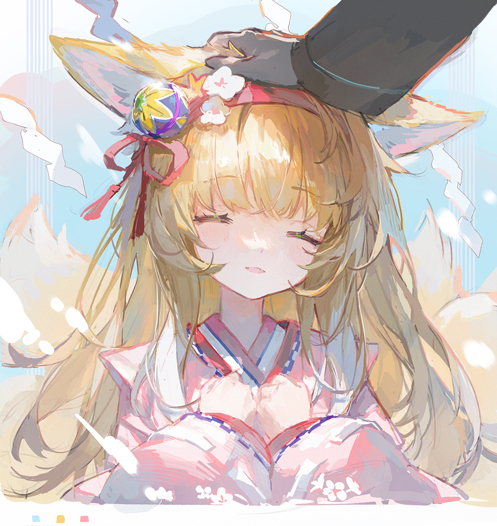 1girl, 1other, animal_ears, arknights, blonde_hair, clenched_hand, closed_eyes, doctor_(arknights)