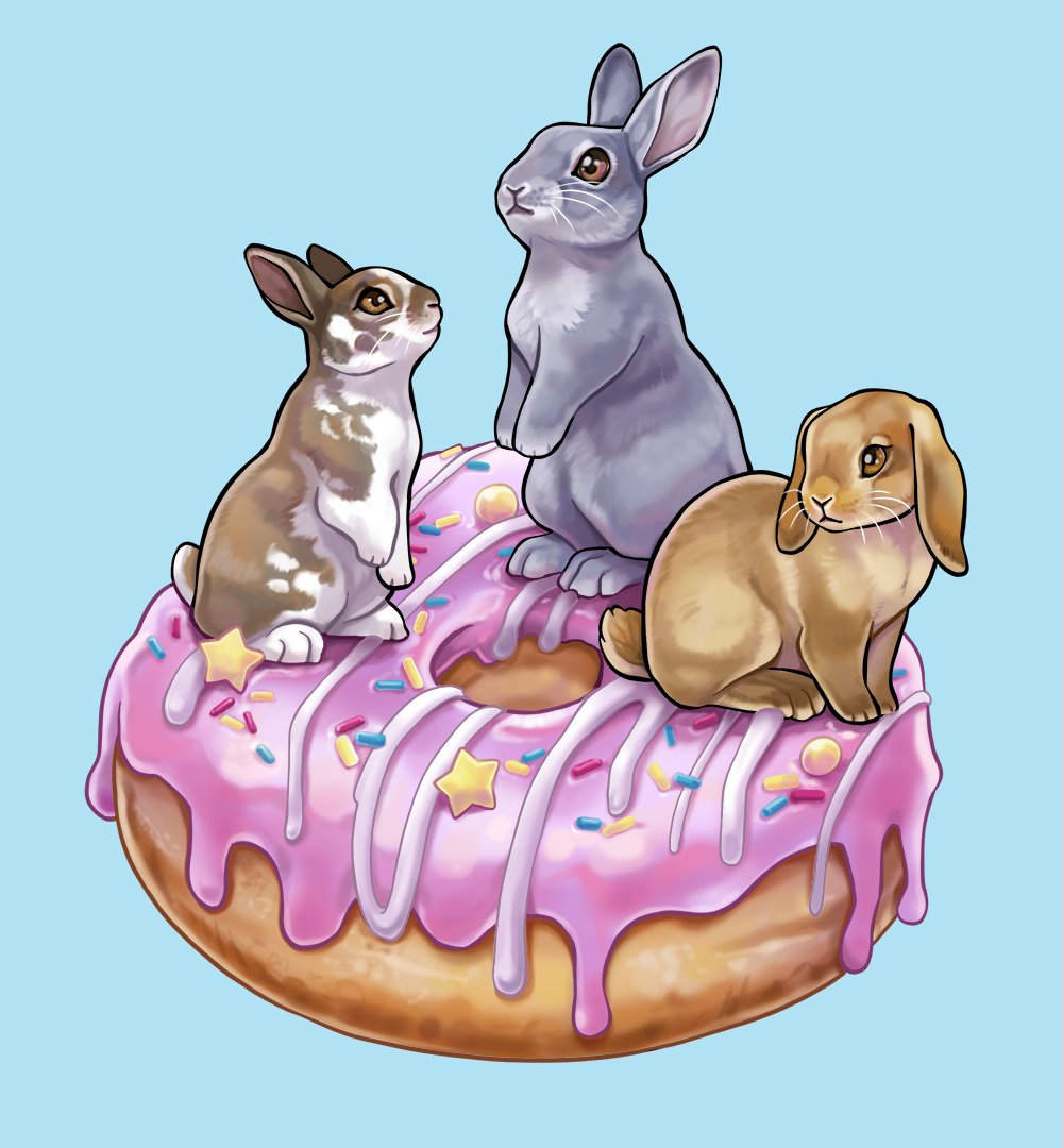 animal, doughnut, food, icing, light_blue_background, no_humans, original, pink_doughnut, rabbit, simple_background, star_(symbol), sushiartstudio