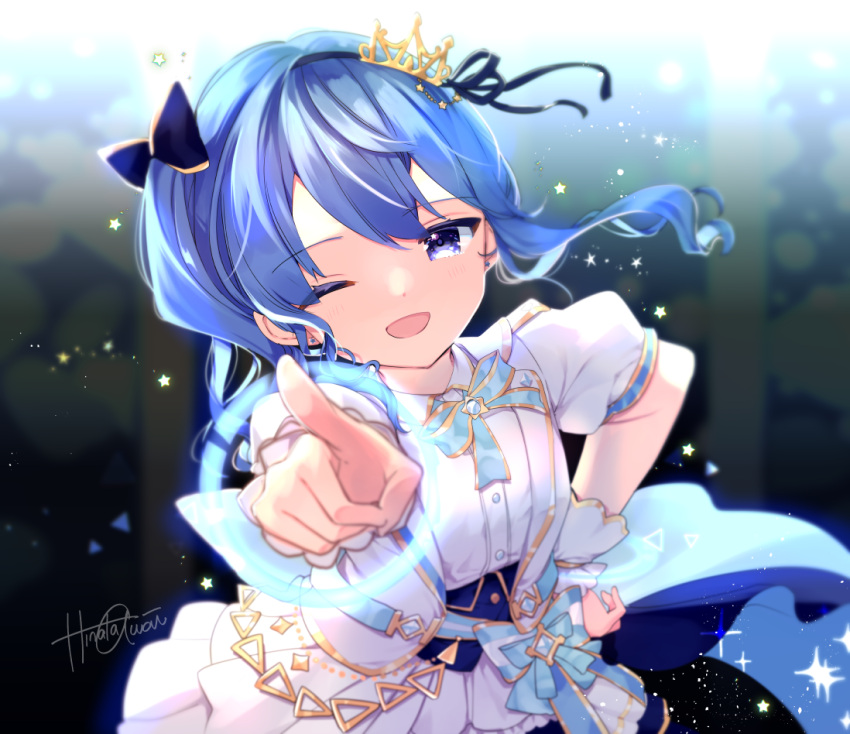 1girl, artist_name, awai_hinata, blue_eyes, blue_hair, blush, bow, crown, earrings, hair_bow, hair_ornament, hololive, hololive_idol_uniform, hololive_idol_uniform_(bright), hoshimachi_suisei, jewelry, long_hair, one_eye_closed, open_mouth, puffy_short_sleeves, puffy_sleeves, ribbon, shirt, short_sleeves, side_ponytail, sidelocks, signature, skirt, smile, solo, sparkle, star_(symbol), star_in_eye, symbol_in_eye, virtual_youtuber