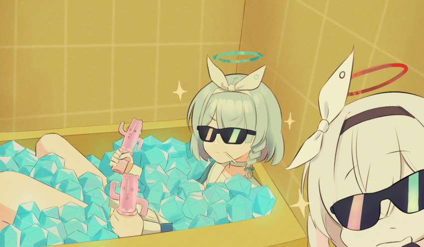 2girls, a.r.o.n.a_(blue_archive), aqua_hair, arona_(blue_archive), bathroom, bathtub, blue_archive, braid, choker, collarbone, colored_inner_hair, commentary_request, gem, hair_over_one_eye, hairband, halo, haniwa_(statue), highres, holding_statuette, long_hair, long_sleeves, looking_at_viewer, multicolored_hair, multiple_girls, pleated_skirt, pyroxene_(blue_archive), school_uniform, serafuku, short_hair, sidelocks, single_braid, sitting, skirt, sparkle, sunglasses, tile_wall, tiles, two-tone_hair, white_choker, white_hair, ziz_(pandora707)