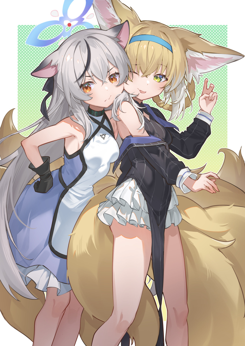2girls, absurdres, animal_ears, arknights, bare_shoulders, black_gloves, black_hair, blonde_hair