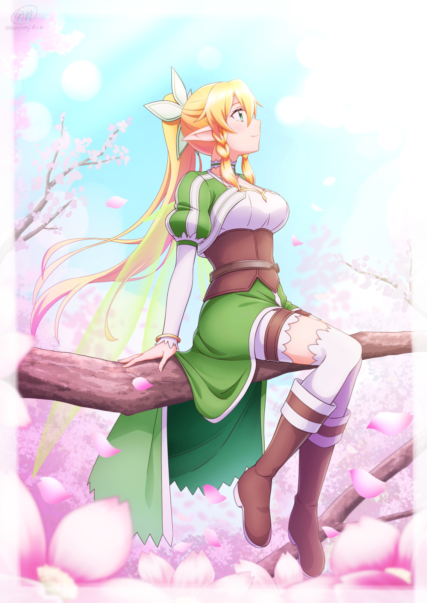 1girl, blonde_hair, blush, boots, braid, breasts, brown_footwear, cherry_blossoms, choker, day, from_side, green_eyes, hair_between_eyes, hair_ornament, highres, ken-ji, knee_boots, large_breasts, leafa, long_hair, long_sleeves, looking_up, outdoors, over-kneehighs, pointy_ears, ponytail, profile, puffy_short_sleeves, puffy_sleeves, short_sleeves, sitting, smile, sword_art_online, thigh-highs, twin_braids, white_choker, white_thighhighs