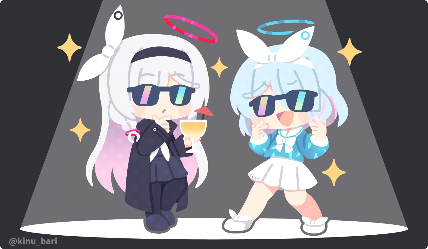 2girls, :d, a.r.o.n.a_(blue_archive), arona_(blue_archive), artist_name, black_coat, black_footwear, black_hairband