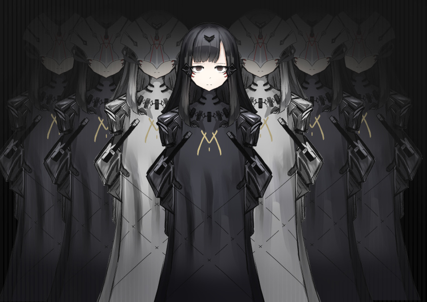 6+girls, android, black_dress, dark_background, dress, expressionless, girls_frontline, highres