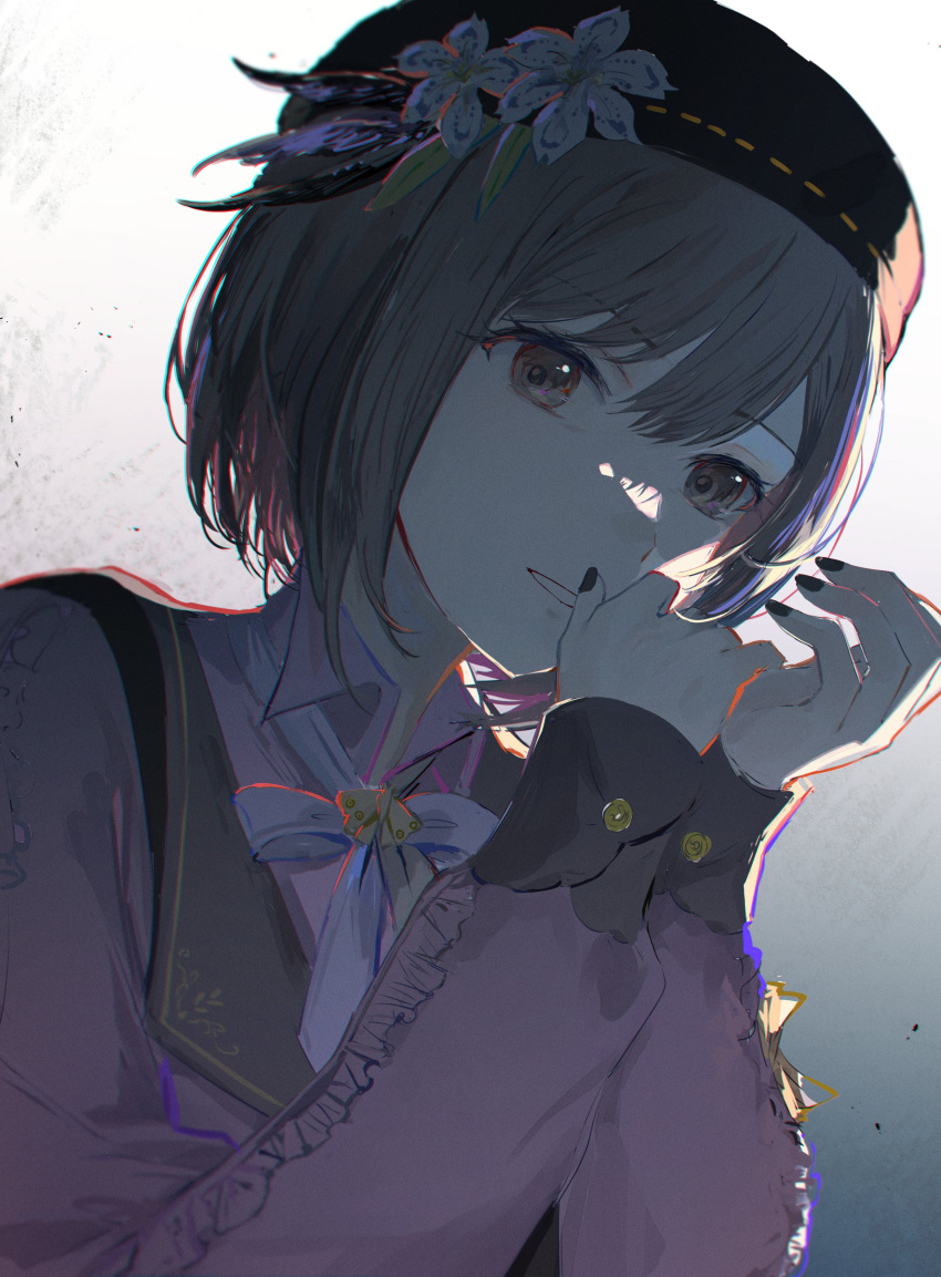 1girl, absurdres, black_nails, bow, bowtie, brown_eyes, brown_hair, collared_shirt