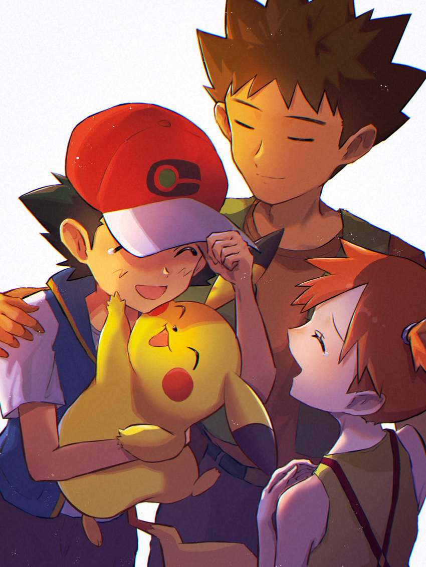 1girl, 2boys, adjusting_clothes, adjusting_headwear, anidf, ash_ketchum, baseball_cap, blue_jacket, brock_(pokemon), closed_eyes, closed_mouth, green_jacket, hand_on_another's_cheek, hand_on_another's_face, hand_on_another's_shoulder, hand_on_own_chest, hat, highres, hug, jacket, misty_(pokemon), multiple_boys, open_clothes, open_jacket, open_mouth, orange_shirt, pikachu, pokemon, pokemon_(anime), shirt, sleeveless, suspenders, tearing_up, vest, white_shirt, yellow_shirt