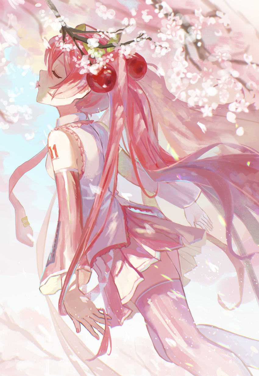 1girl, absurdres, boots, cherry_blossoms, cherry_hair_ornament, closed_eyes, day, detached_sleeves