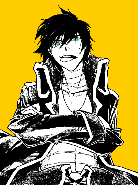 adult, bandage, crossed_arms, garlock_simon, green_eyes, lolalol, simon, simple_background