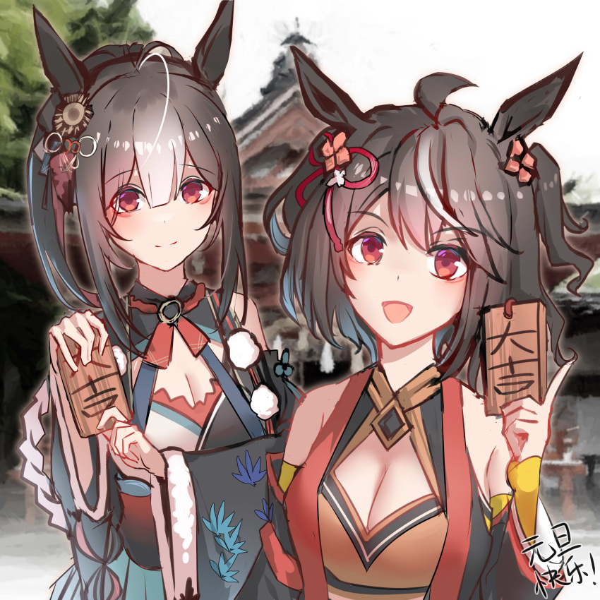 2girls, absurdres, animal_ears, ema, enterprise, equinox_(racehorse), highres, horse_ears