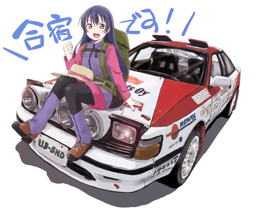 black_pantyhose, blue_hair, brown_eyes, car, clenched_hand, dark_blue_hair, hat, hat_removed