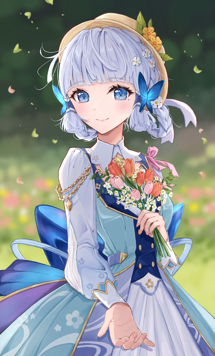 1girl, back_bow, blue_bow, blue_dress, blue_eyes, blue_hair, blunt_bangs, bow, braid, butterfly_hair_ornament, closed_mouth, collar, dress, flower, genshin_impact, hair_flower, hair_ornament, hat, hat_flower, hat_ribbon, high_collar, highres, holding, holding_flower, kamisato_ayaka, kamisato_ayaka_(springbloom_missive), light_blue_hair, long_sleeves, looking_at_viewer, minausa, mole, mole_under_eye, official_alternate_costume, official_alternate_hairstyle, puffy_long_sleeves, puffy_sleeves, ribbon, smile, solo, tulip, upper_body, white_collar, white_ribbon