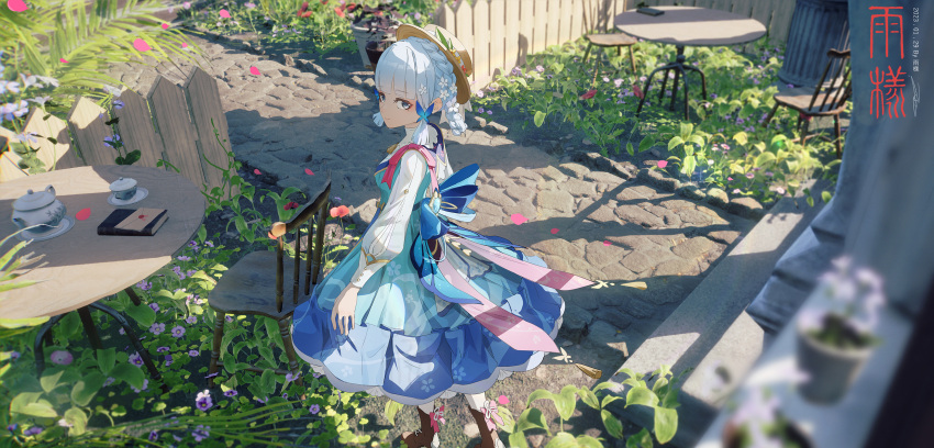 1girl, 3d_background, absurdres, ame999, back_bow, backlighting, blue_bow, blue_dress