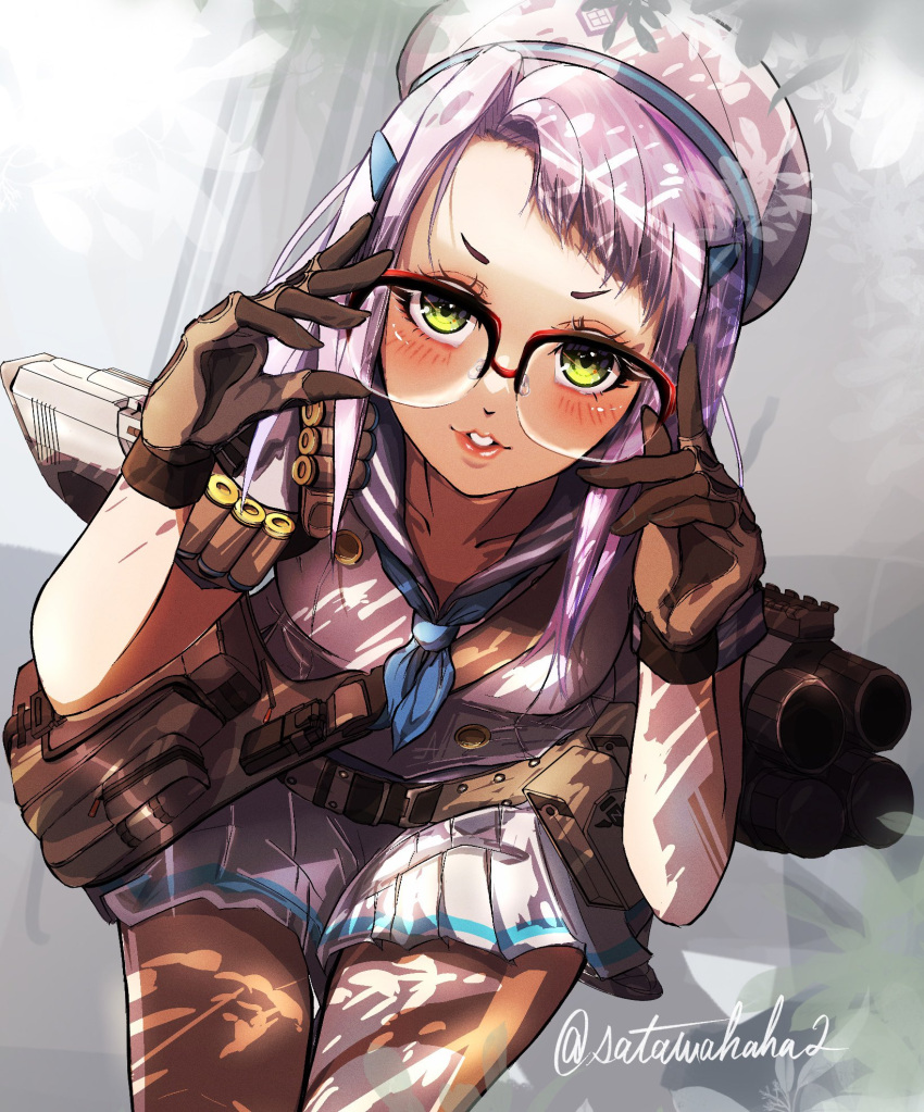 1girl, adjusting_eyewear, ammunition_belt, arms_up, belt, beret, blush, brown_gloves, cowboy_shot, forehead, glasses, gloves, goddess_of_victory:_nikke, gradient_hair, green_eyes, gun, hat, highres, leaning_forward, lips, long_hair, multicolored_hair, neon_(nikke), over-rim_eyewear, pleated_skirt, pouch, purple_hair, sailor, satawahaha2, semi-rimless_eyewear, shotgun, skirt, solo, standing, teeth, twitter_username, two-tone_hair, weapon, weapon_on_back, white_hair, white_headwear