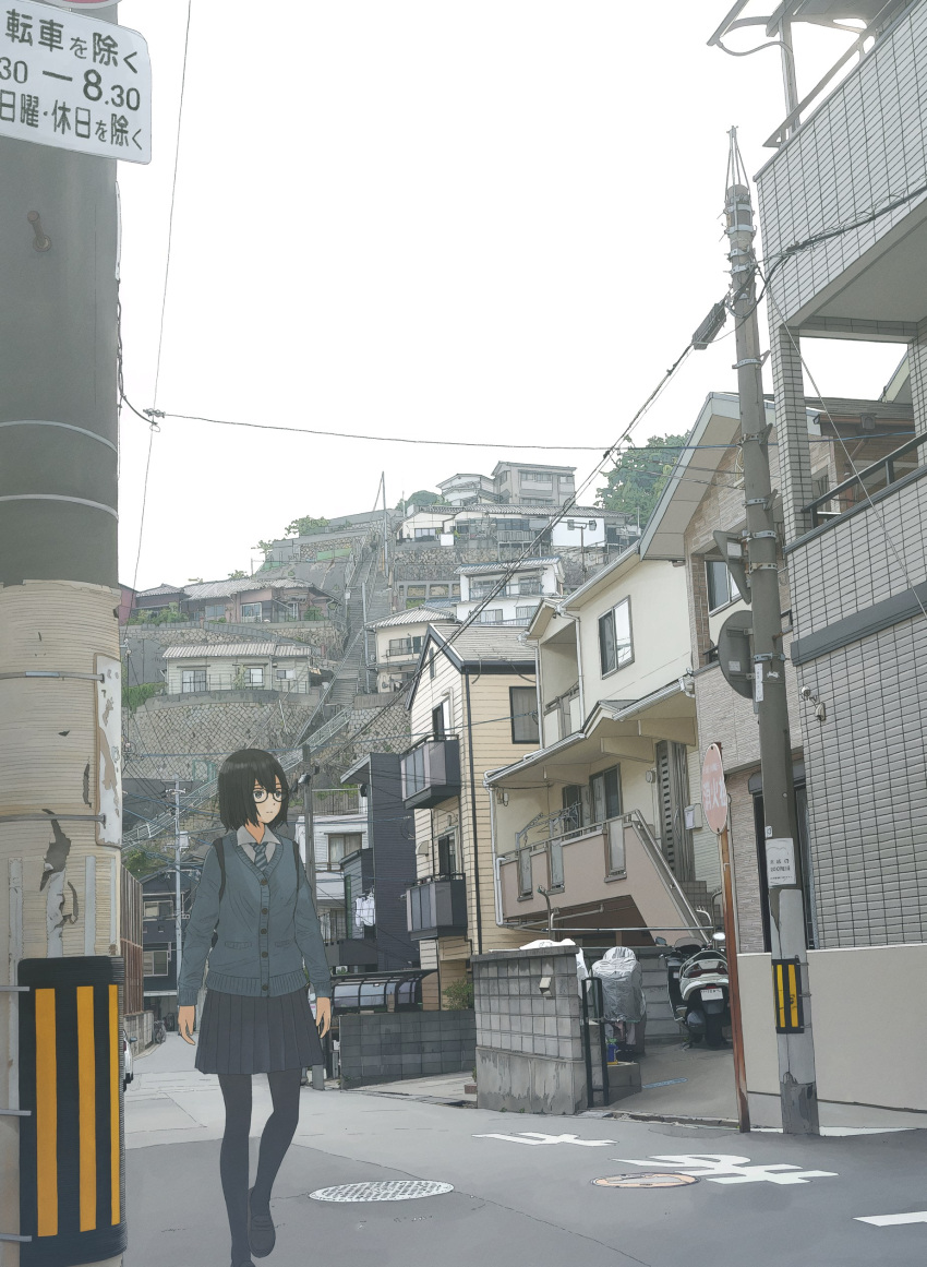 1girl, absurdres, backpack, bag, balcony, black_cardigan, black_hair, black_pantyhose