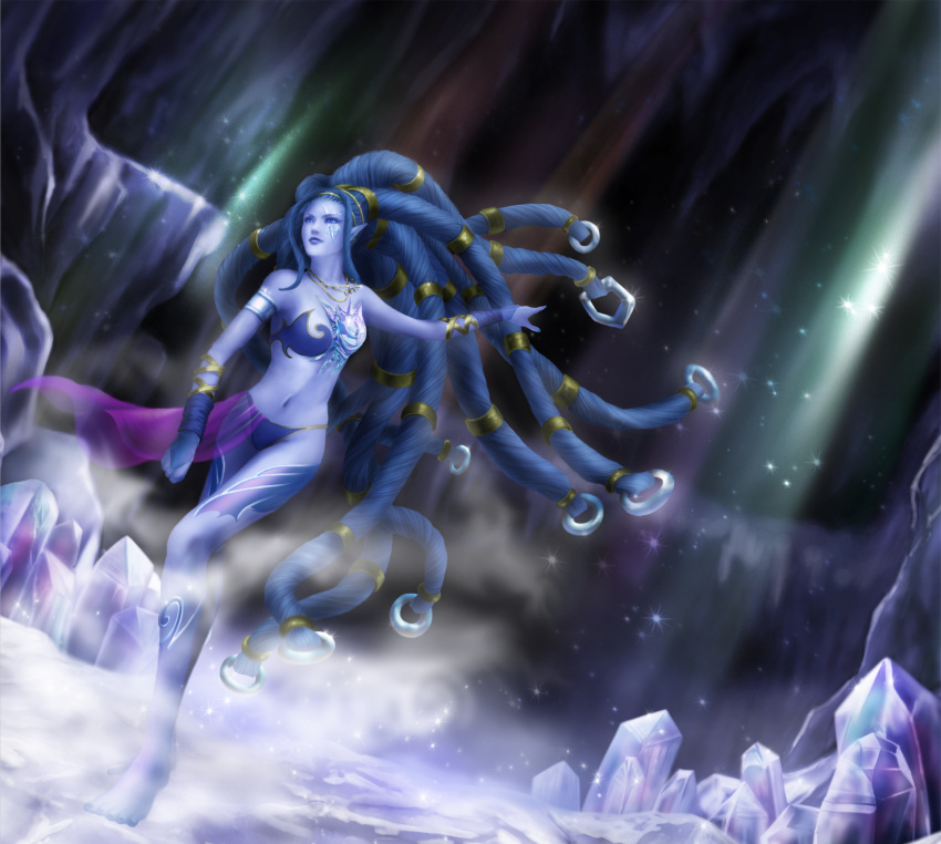 armband, bare_shoulders, bikini, blue_eyes, blue_hair, blue_lips, blue_skin, bqgraff