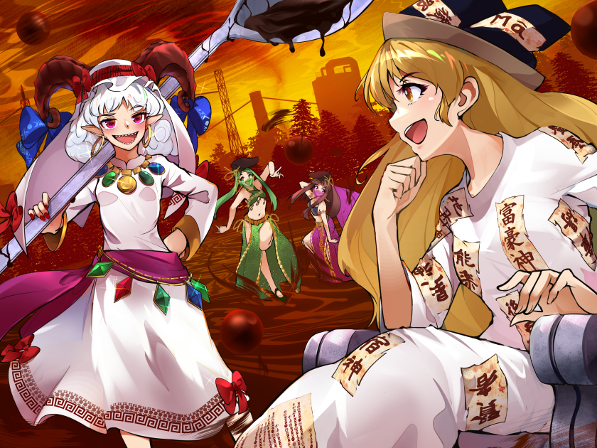 13-gou, 4girls, black_headwear, blonde_hair, bra, brown_hair, chair, cosplay, curly_hair, debt, dress, earrings, green_hair, harem_outfit, hat, horizontal_pupils, horn_ornament, horn_ribbon, horns, jewelry, keffiyeh, loincloth, long_hair, matara_okina, midriff, mouth_veil, multiple_girls, nishida_satono, oil_refinery, pointy_ears, purple_dress, purple_footwear, rectangular_pupils, red_eyes, red_horns, ribbon, sharp_teeth, sheep_horns, short_hair, short_hair_with_long_locks, sitting, tate_eboshi, teeth, teireida_mai, touhou, toutetsu_yuuma, underwear, veil, violet_eyes, white_dress, white_hair, wide_sleeves, yellow_eyes, yorigami_jo'on, yorigami_jo'on_(cosplay), yorigami_shion, yorigami_shion_(cosplay)