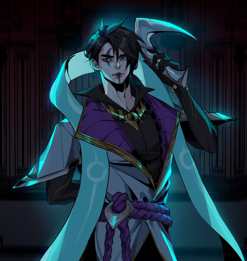 1boy, aphelios, arm_behind_back, armband, black_hair, black_shirt, blue_eyes, crescent_necklace