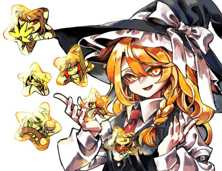 6+girls, :d, :q, black_hair, black_headwear, black_vest, blonde_hair, bow