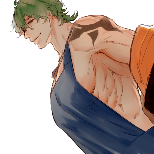 1boy, blue_tank_top, brown_eyes, from_side, green_hair, hair_between_eyes, jacket, jacket_partially_removed