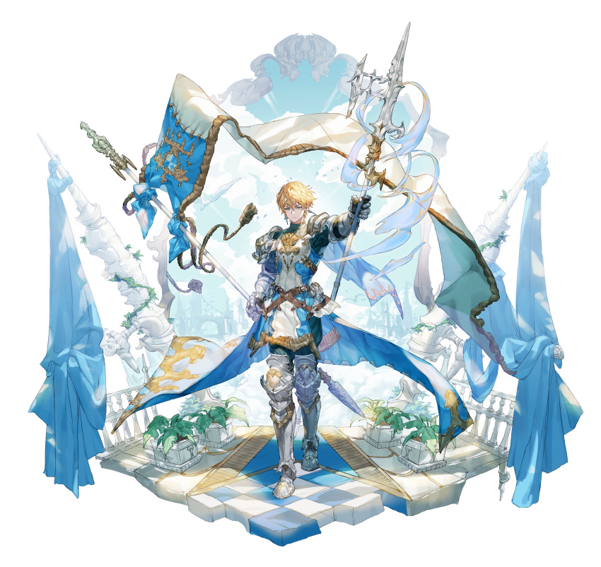 1boy, absurdres, armor, armored_boots, belt, blonde_hair, blue_cape, blue_eyes