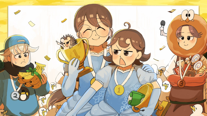 4girls, alternate_costume, backwards_hat, banana, bird, blue_dress, blue_gloves, blue_headwear