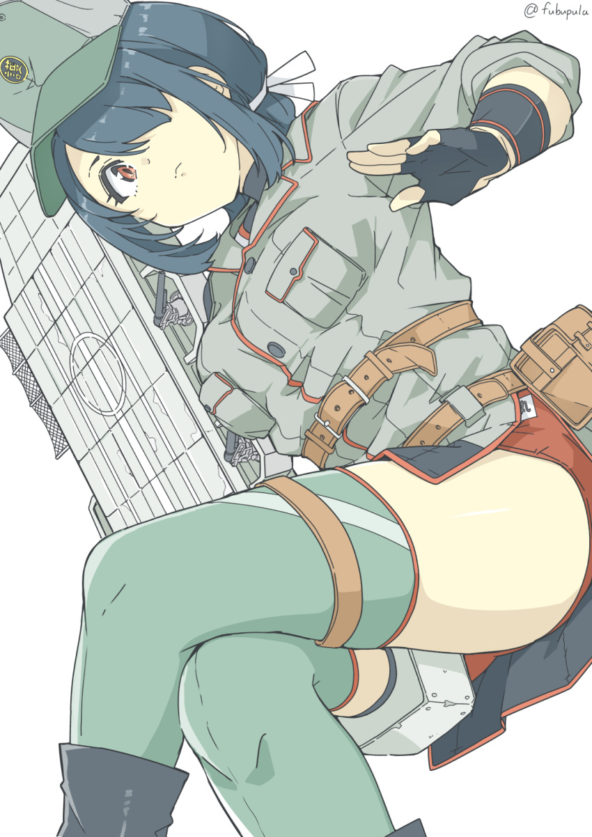 belt, belt_pouch, black_gloves, black_hair, breast_pocket, buruma, feet_out_of_frame, fingerless_gloves