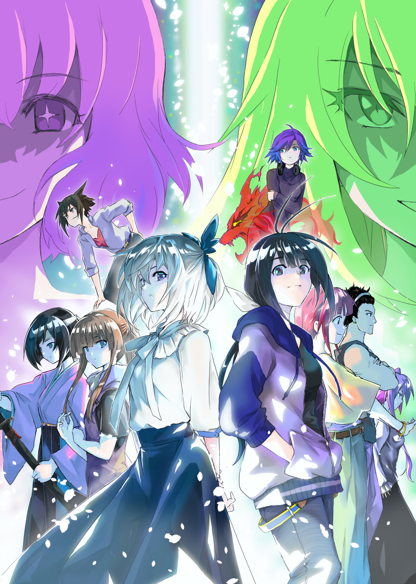 6+girls, absurdres, antenna_hair, aoba_kazane, black_hair, fujisaki_kotone, hair_ribbon, hands_in_pockets