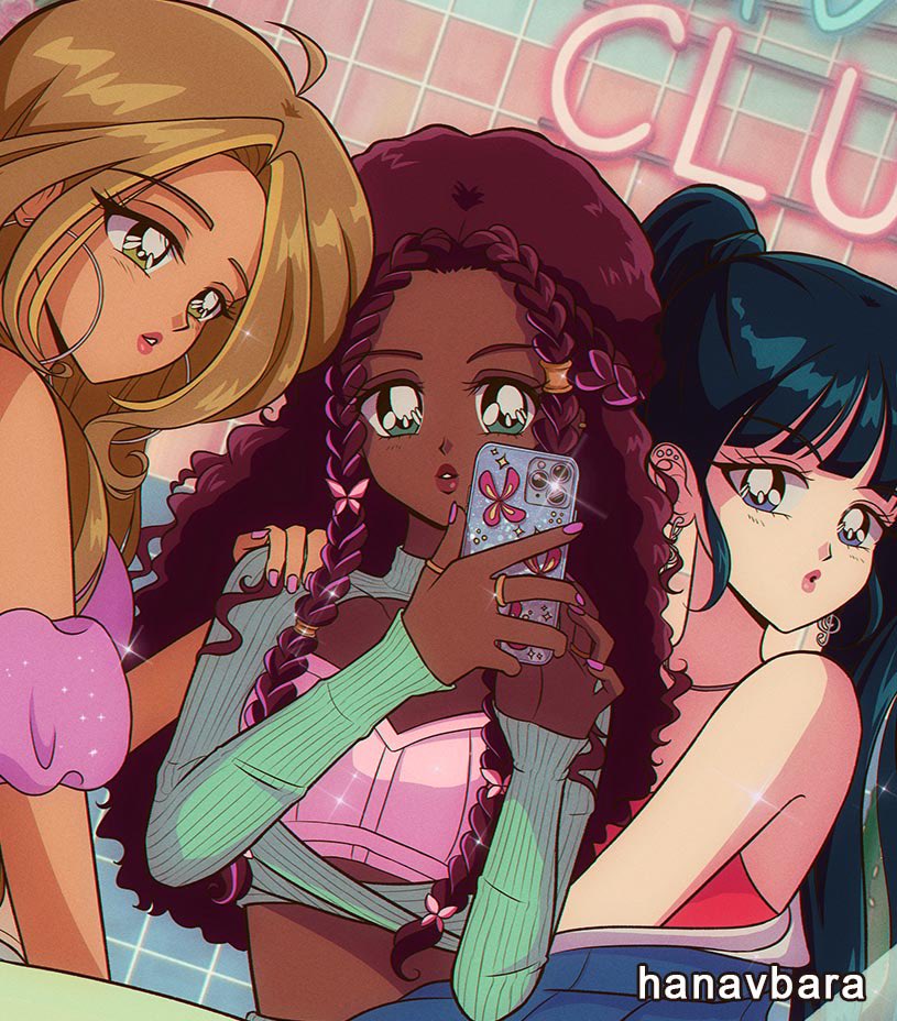 1990s_(style), 3girls, bare_shoulders, black_hair, blue_eyes, brown_hair, cellphone, dark-skinned_female