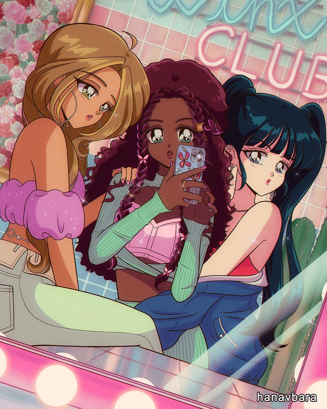 1990s_(style), 3girls, bare_shoulders, black_hair, blue_eyes, brown_hair, cellphone, dark-skinned_female