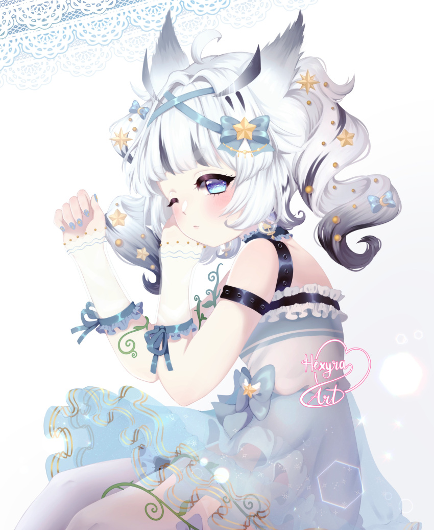 1girl, absurdres, bird, choker, commission, fingernails, hair_ribbon, hexyraart
