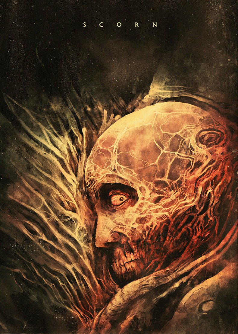 1boy, biopunk, codexnoirmatic, looking_at_viewer, scorn, scorn_guy, skinned, teeth, title, veins