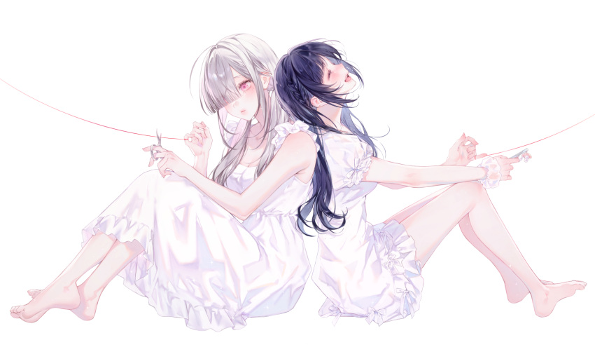 2girls, ahoge, aiba_uiha, black_hair, blunt_bangs, blush, braid, closed_eyes