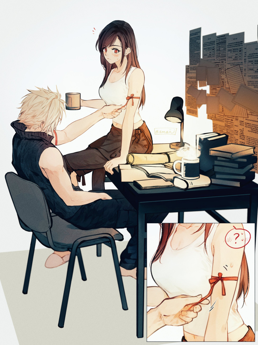 1boy, 1girl, ?, absurdres, apron, arm_ribbon, bare_shoulders, black_apron