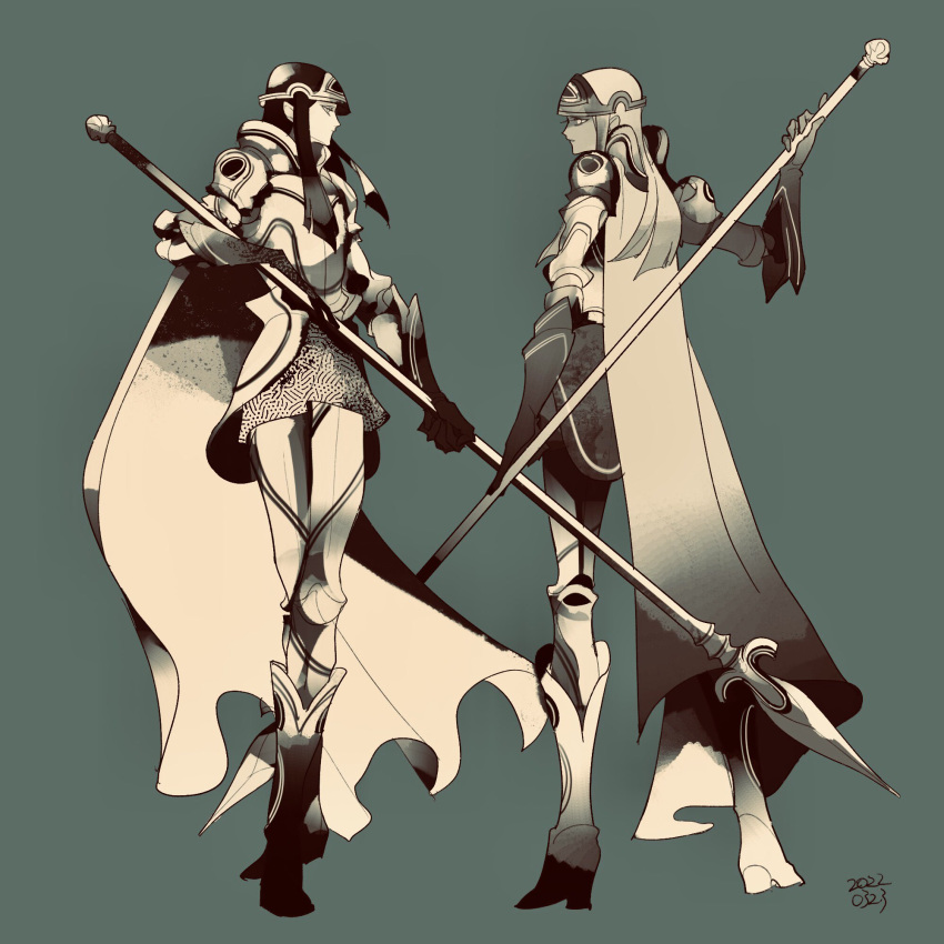 2boys, armor, black_hair, blunt_bangs, boots, cape, cu_chulainn_(megami_tensei), dated