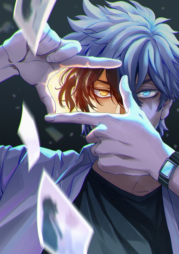 2boys, black_hair, black_shirt, blue_eyes, cheng_xiaoshi, collared_shirt, covered_mouth, finger_frame