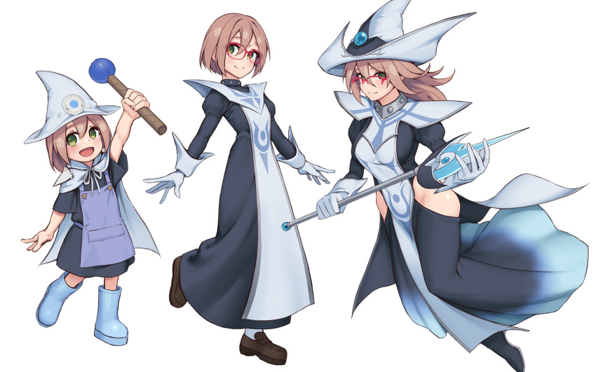 1girl, :d, age_progression, apron, boots, brown_hair, cape, child