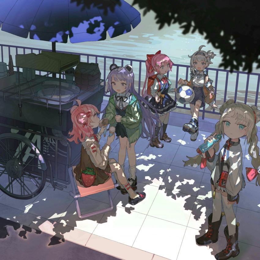 5girls, :d, ahoge, animal_ears, animal_hair_ornament, animal_hairband, awestruck, backpack